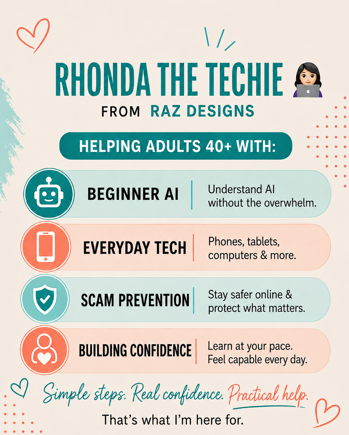 Rhonda the Techie helps adults 40+ with beginner AI, everyday tech, scam prevention, and building confidence