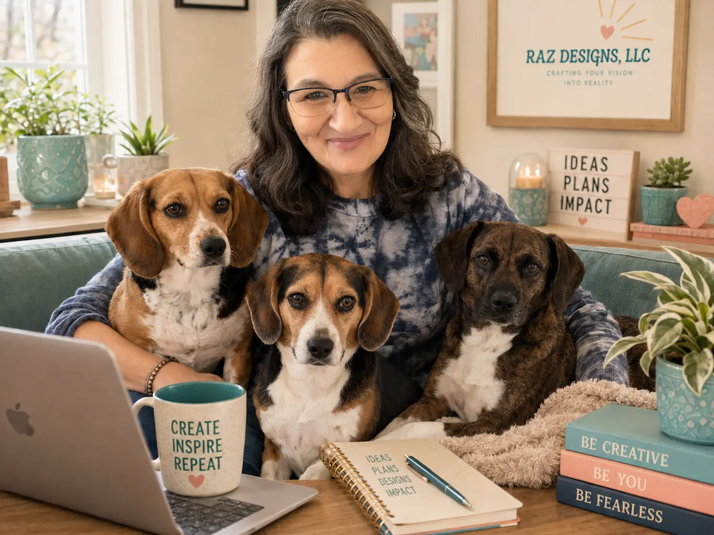 Rhonda, founder of RAZ Designs, with her three beagles