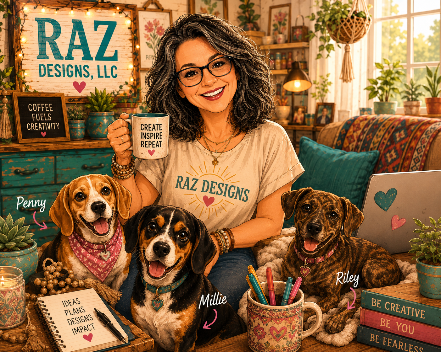 Rhonda with her three rescue dogs Penny, Millie, and Riley — founder of RAZ Designs
